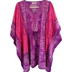 Shore Drive Artsy Kimono Kaftan Cover Up Purple Pink One Size Tie Embellishment